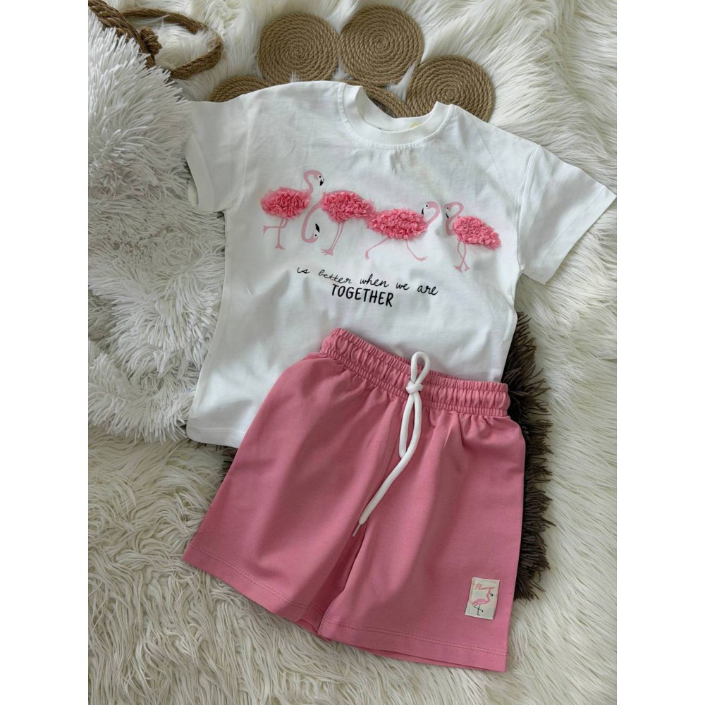  Καλοκαιρινό Σετ Κορίτσι με 4 Flamingo T-Shirt & Ροζ Σορτς 3-10 Ετών