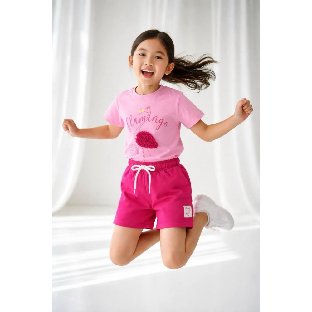  Καλοκαιρινό Σετ Κορίτσι Flamingo με Ροζ T-Shirt & Σορτς