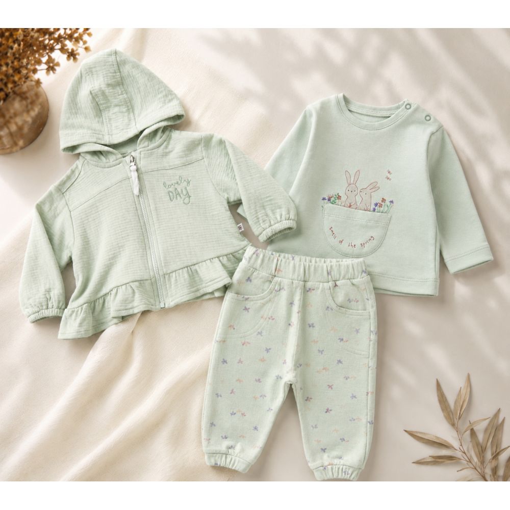 Βρεφικό Σετ 3 Τεμαχίων Mint Bunny Spring με Ζακέτα, Μπλούζα & Παντελόνι