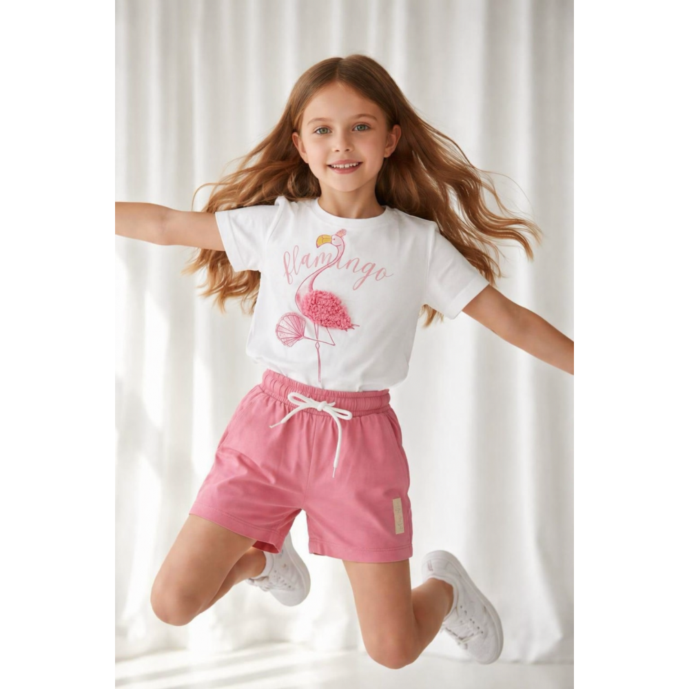  Καλοκαιρινό Σετ Κορίτσι με Flamingo T-Shirt & Ροζ Σορτς 3-10 Ετών 