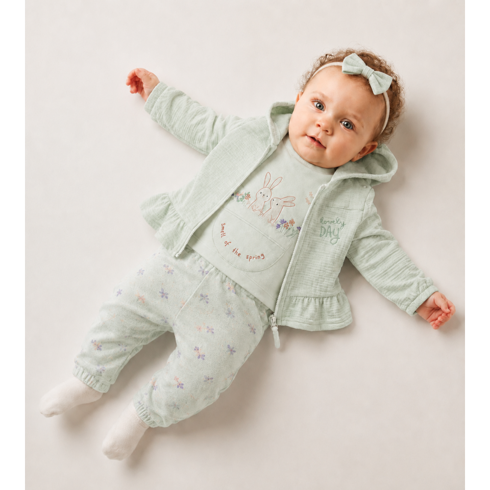 Βρεφικό Σετ 3 Τεμαχίων Mint Bunny Spring με Ζακέτα, Μπλούζα & Παντελόνι