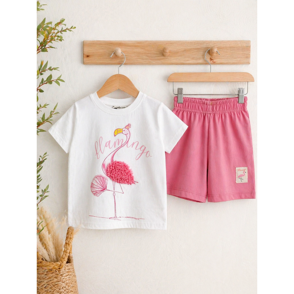  Καλοκαιρινό Σετ Κορίτσι με Flamingo T-Shirt & Ροζ Σορτς 3-10 Ετών 