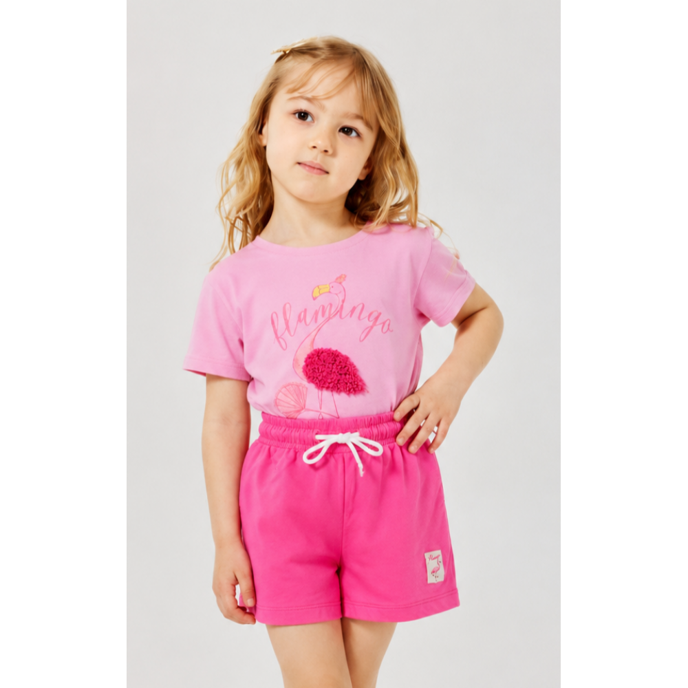 Καλοκαιρινό Σετ Κορίτσι Flamingo με Ροζ T-Shirt & Σορτς