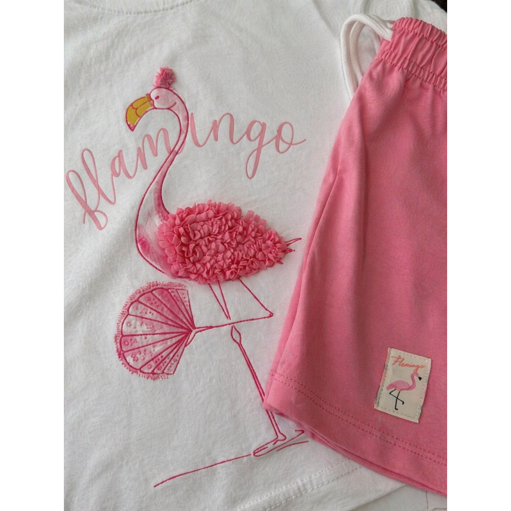  Καλοκαιρινό Σετ Κορίτσι με Flamingo T-Shirt & Ροζ Σορτς 3-10 Ετών 