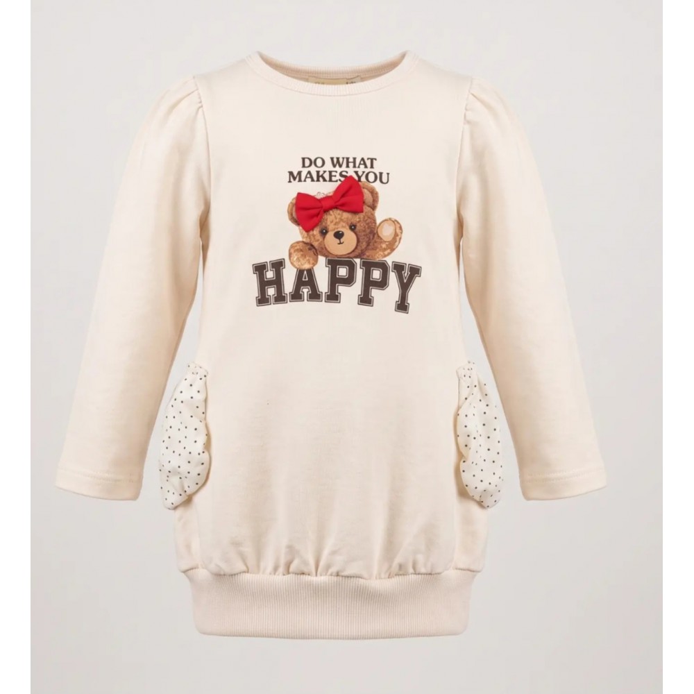 Κοριτσίστικο Βαμβακερό Φόρεμα Happy Bear Εκρού 1–4 Ετών