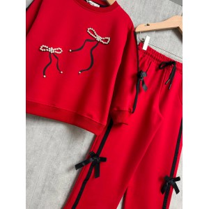 Κοριτσίστικο Σετ Φόρμας Red Bow με Πέρλες 3-10 Ετών
