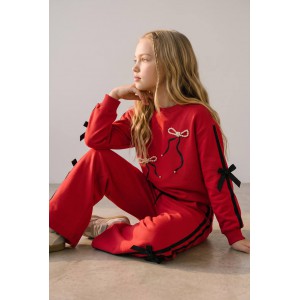 Κοριτσίστικο Σετ Φόρμας Red Bow με Πέρλες 3-10 Ετών