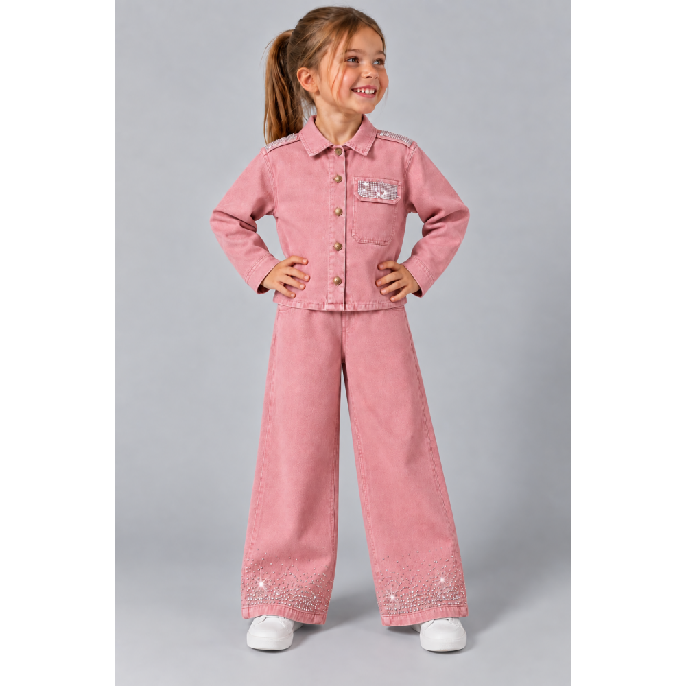 Παιδικό Σετ Κοριτσιού Denim Chic με Στρας – Dusty Pink, 7-11 Ετών