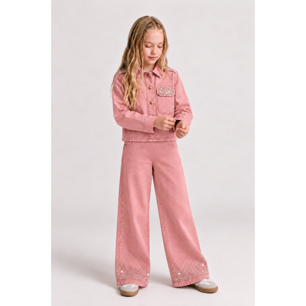 Παιδικό Σετ Κοριτσιού Denim Chic με Στρας – Dusty Pink, 7-11 Ετών