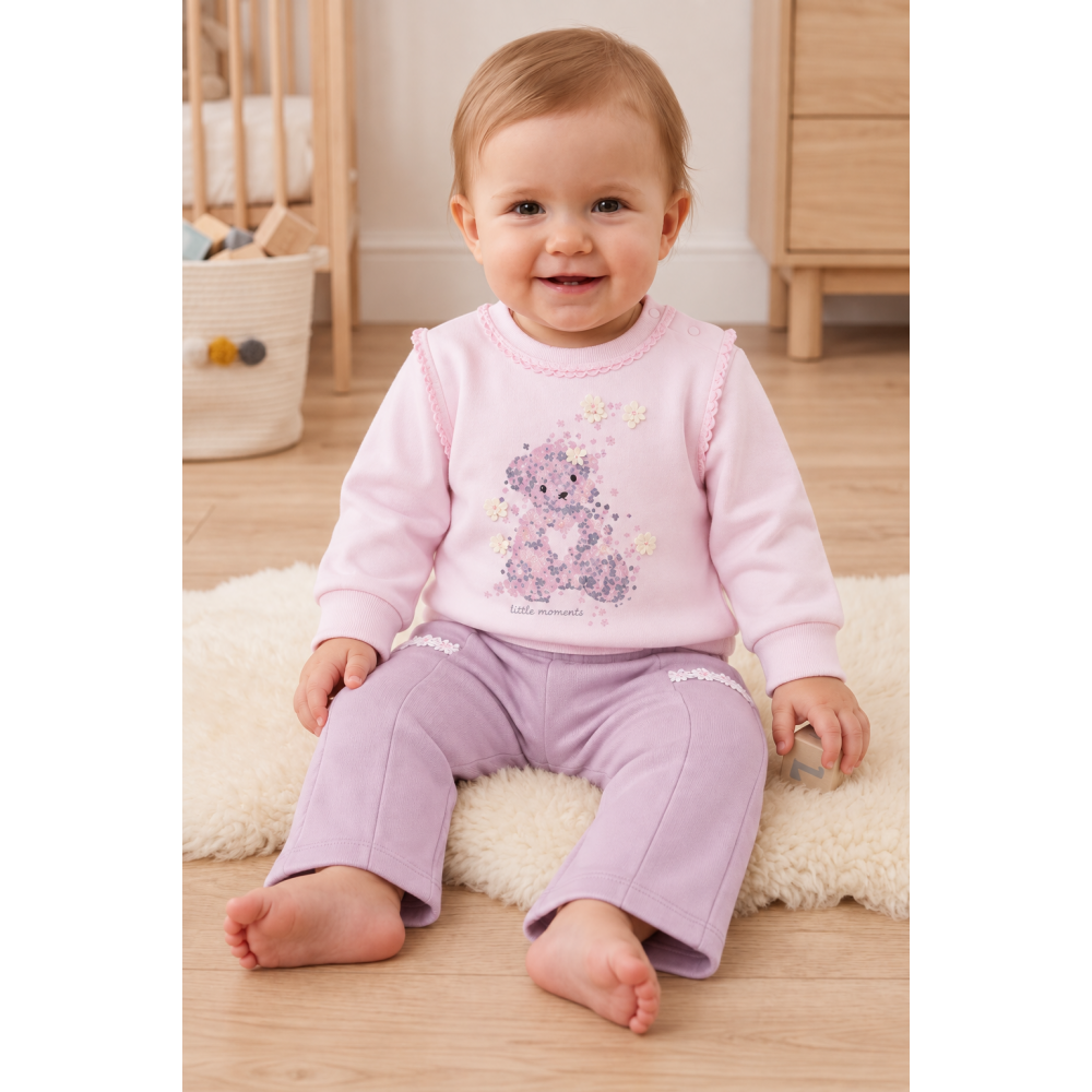 Βρεφικό Σετ Κοριτσιού Little Teddy 100% Βαμβάκι – Ροζ/Λιλά, 6-24 Μηνών